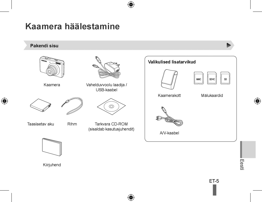 Samsung EC-PL60ZSBP/VN, EC-PL60ZPBP/FR manual Kaamera häälestamine, Pakendi sisu Valikulised lisatarvikud, Et-, Eesti 