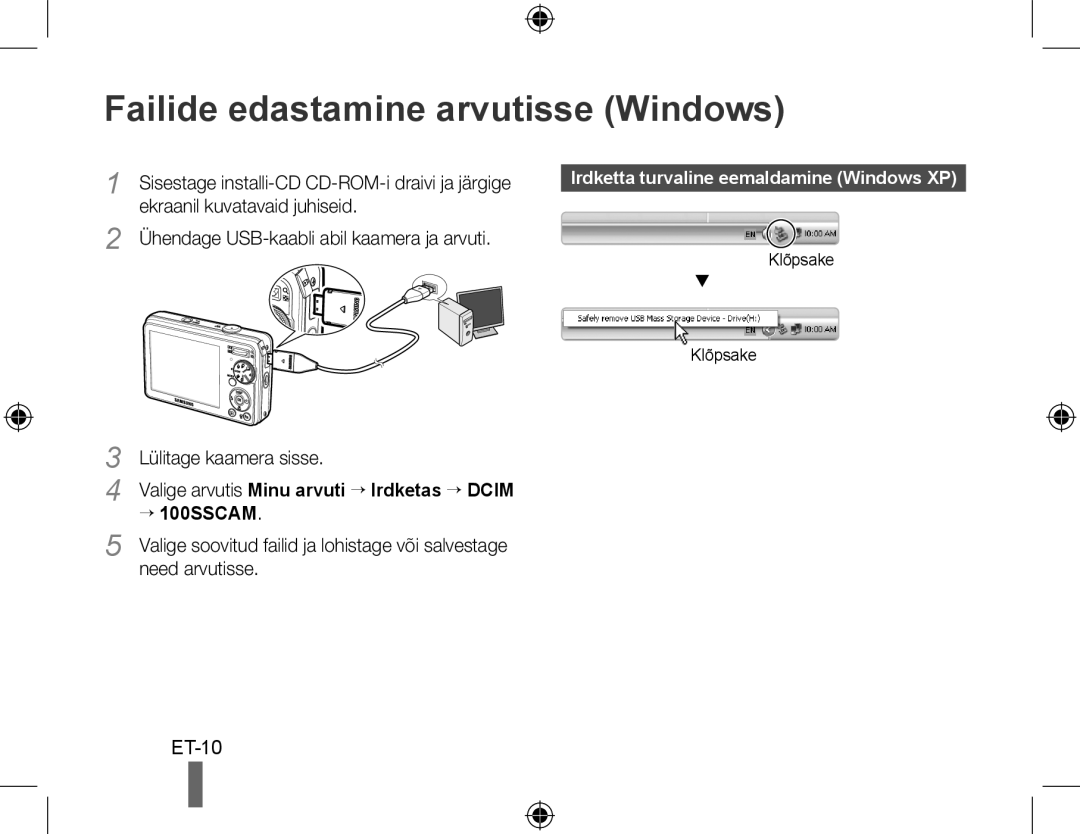 Samsung EC-PL60ZOBP/VN manual Failide edastamine arvutisse Windows, ET-10, Ühendage USB-kaabli abil kaamera ja arvuti 