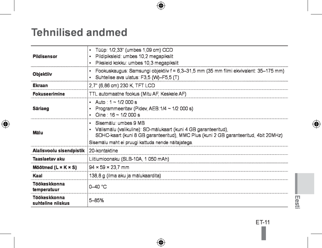 Samsung EC-PL60ZBBP/E3 manual Tehnilised andmed, ET-11, Pildisensor Objektiiv Ekraan Fokuseerimine Säriaeg Mälu, Eesti 