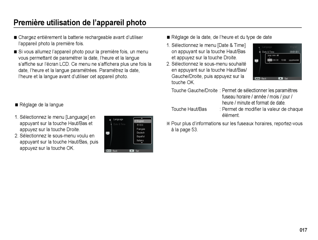 Samsung EC-PL60ZABP/FR manual Première utilisation de l’appareil photo, Réglage de la date, de l’heure et du type de date 