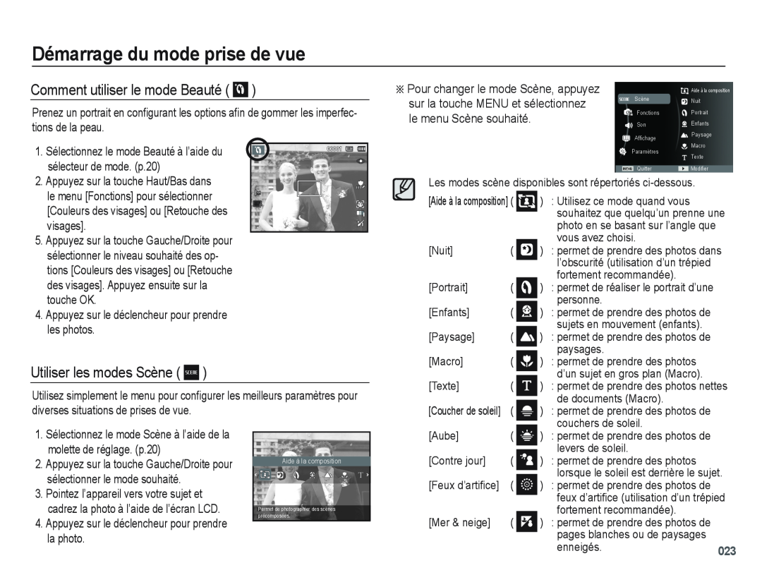 Samsung EC-PL60ZOBP/FR manual Comment utiliser le mode Beauté, Utiliser les modes Scène, sur la touche MENU et sélectionnez 