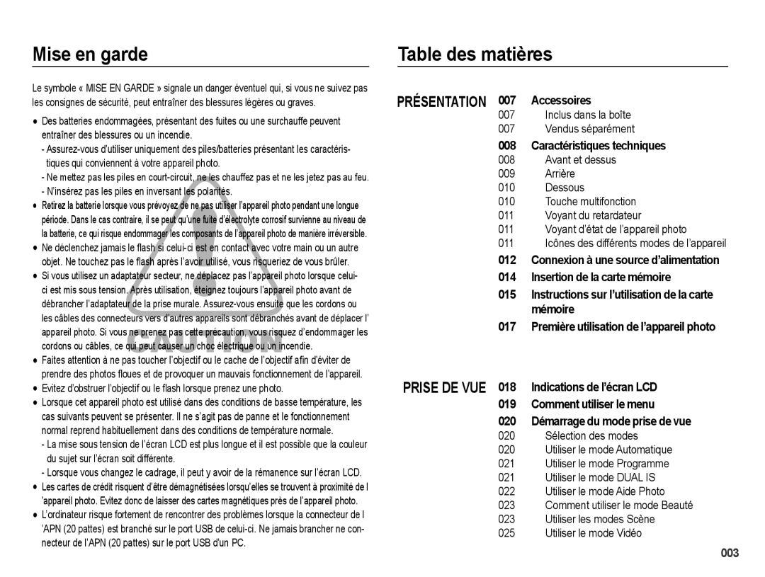 Samsung EC-PL60ZOBP/FR manual Mise en garde, Table des matières, Prise De Vue, Connexion à une source d’alimentation 