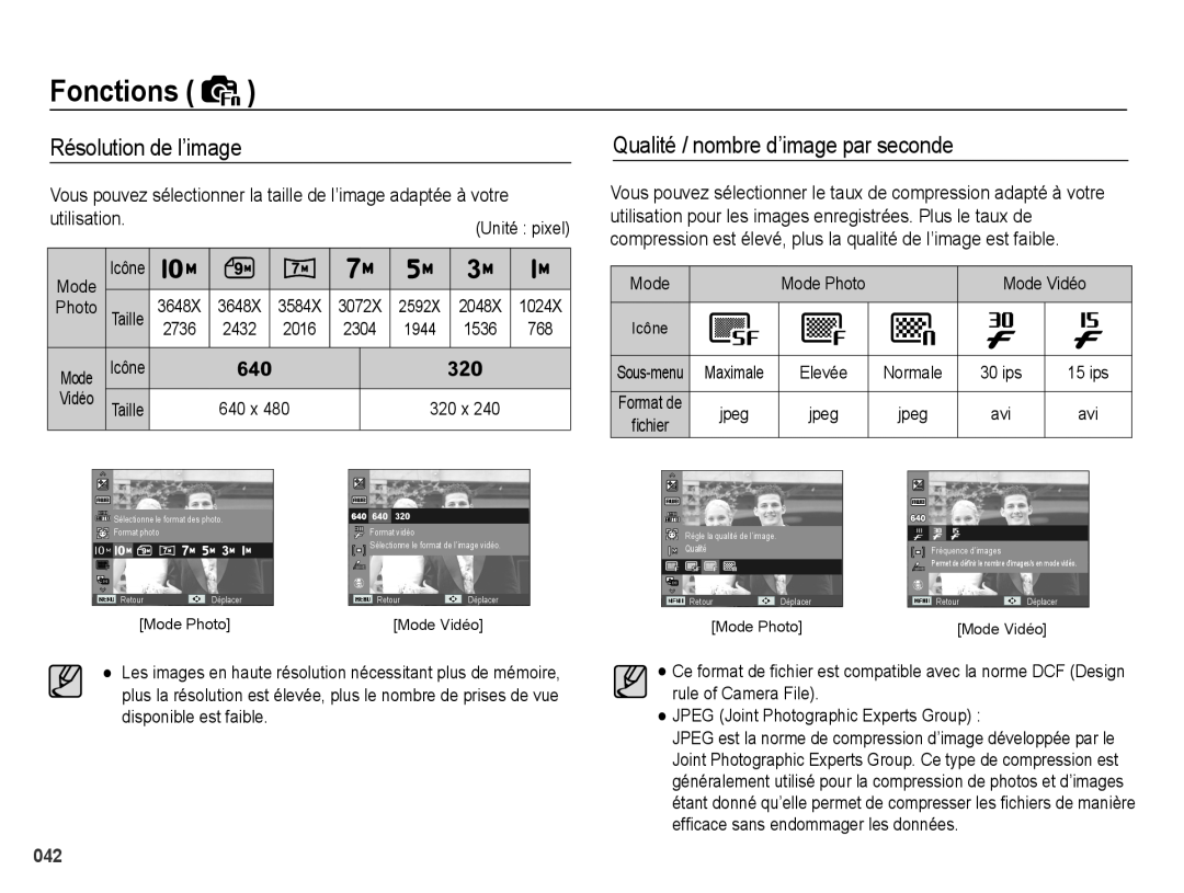 Samsung EC-PL60ZABP/FR manual Résolution de l’image, Qualité / nombre d’image par seconde, Fonctions, Mode, Format de 