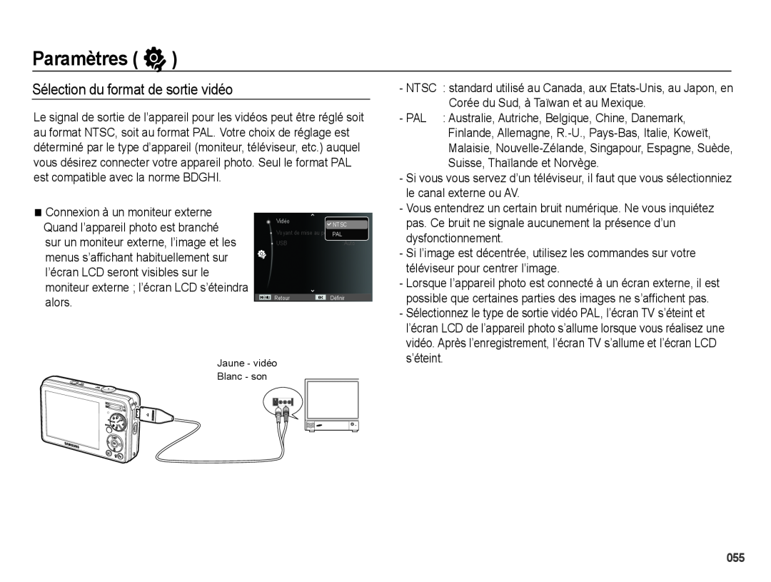 Samsung EC-PL60ZBBP/FR manual Sélection du format de sortie vidéo, Paramètres ”, le canal externe ou AV, dysfonctionnement 