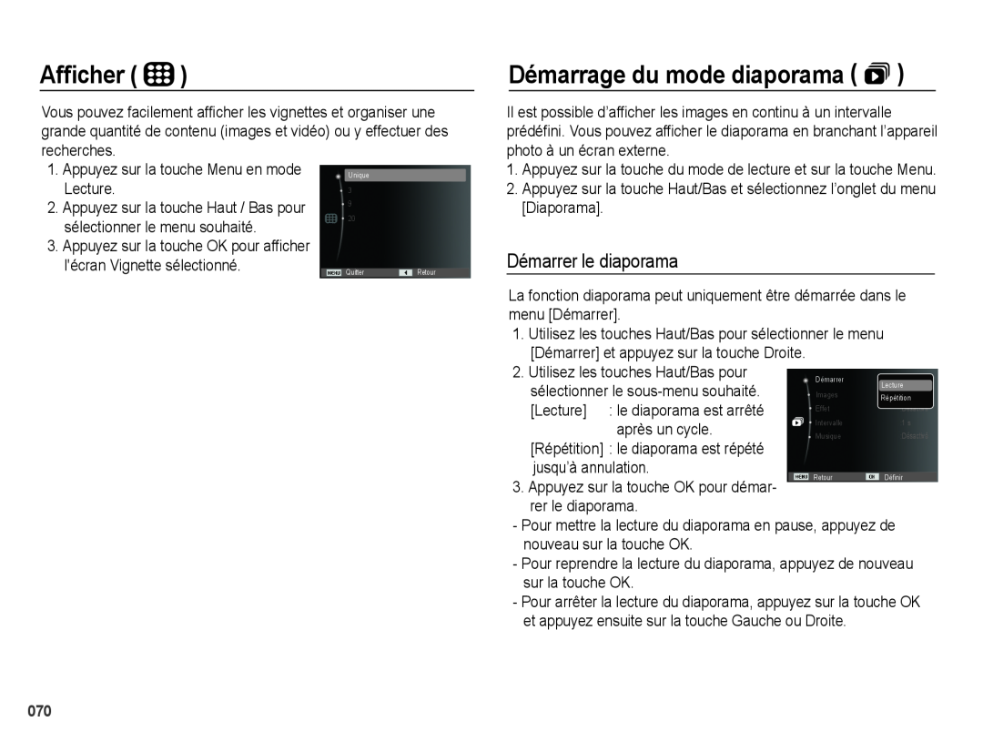 Samsung EC-PL60ZBBP/FR Afﬁcher, Démarrage du mode diaporama , Démarrer le diaporama, Lecture, lécran Vignette sélectionné 