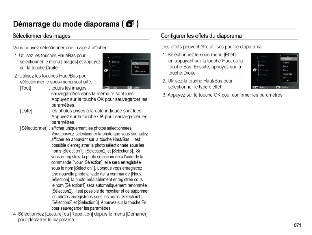Samsung EC-PL60ZSBP/FR manual Sélectionner des images, Conﬁgurer les effets du diaporama, Démarrage du mode diaporama  