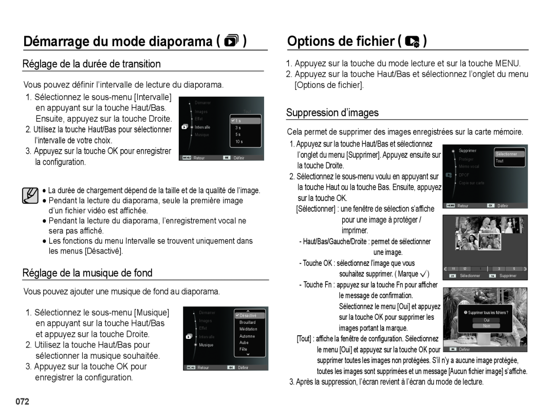 Samsung EC-PL60ZABP/FR manual Options de ﬁchier, Réglage de la durée de transition, Suppression d’images, la touche Droite 