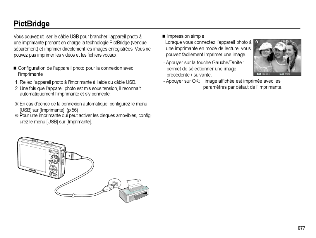Samsung EC-PL60ZABP/FR, EC-PL60ZPBP/FR PictBridge, Configuration de l’appareil photo pour la connexion avec l’imprimante 