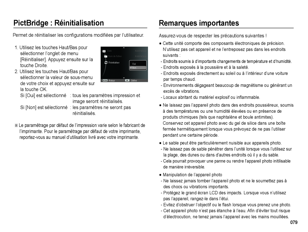 Samsung EC-PL60ZPBP/FR PictBridge Réinitialisation, Remarques importantes, sélectionner l’onglet de menu, touche Droite 