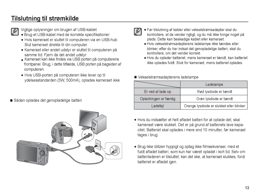 Samsung EC-PL65ZSBP/E2 Vigtige oplysninger om brugen af USB-kablet, Sådan oplades det genopladelige batteri, Ladelampe 