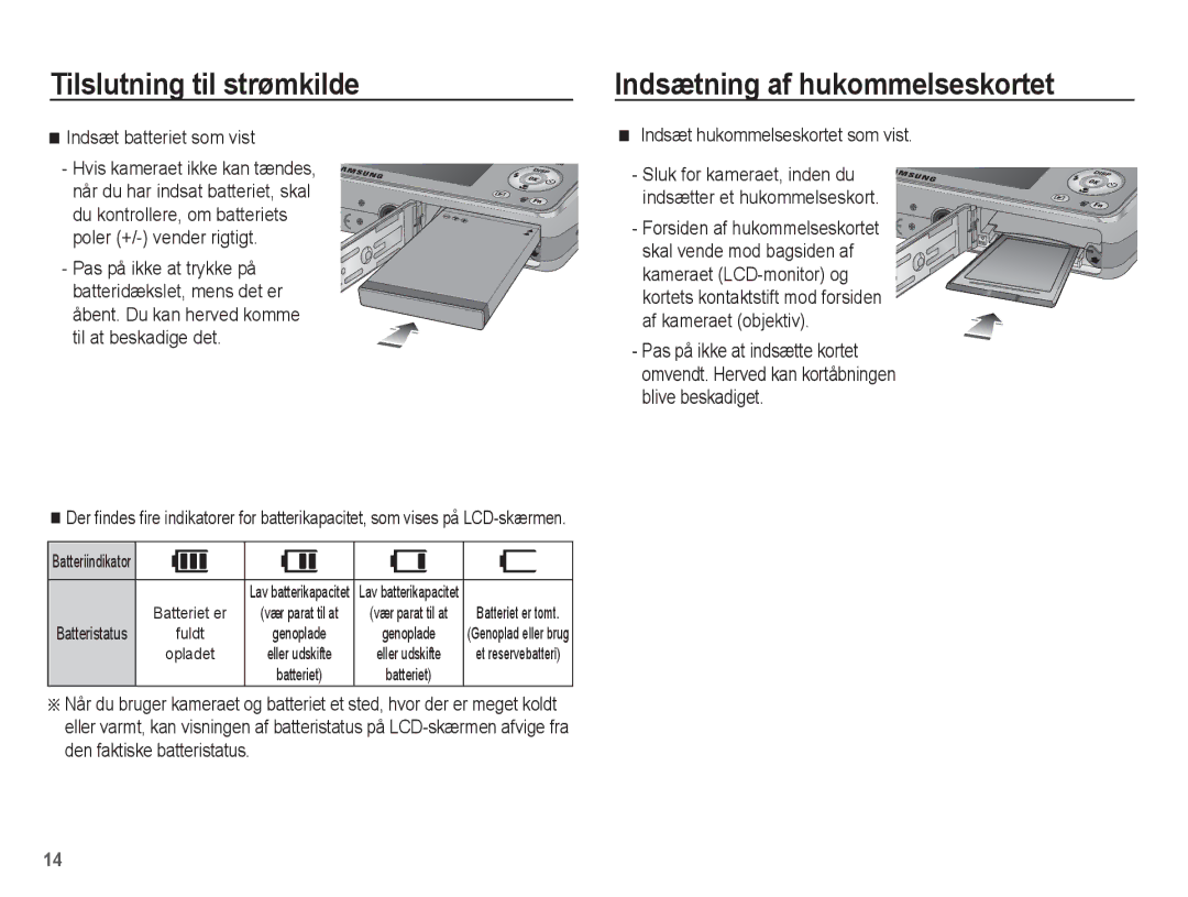 Samsung EC-PL65ZABA/E1 manual Indsætning af hukommelseskortet, Indsæt batteriet som vist, Indsæt hukommelseskortet som vist 