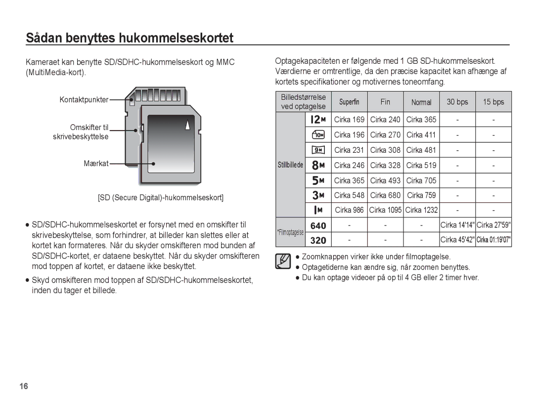 Samsung EC-PL65ZPBP/E2 manual Kontaktpunkter, Mærkat SD Secure Digital-hukommelseskort, Ved optagelse, Stillbillede 