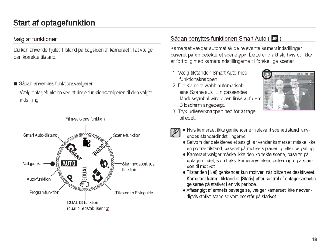 Samsung EC-PL65ZABA/E1, EC-PL65ZBBP/E2 Start af optagefunktion, Valg af funktioner, Sådan benyttes funktionen Smart Auto 