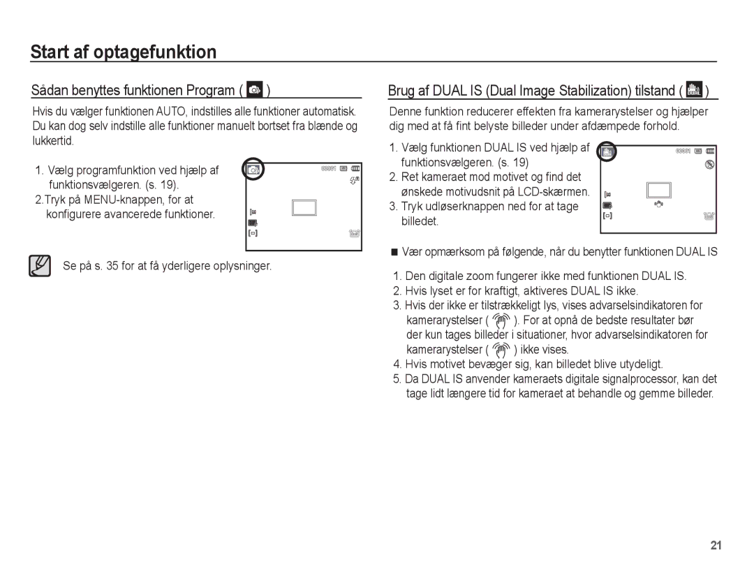 Samsung EC-PL65ZPBP/E2, EC-PL65ZABA/E1 manual Sådan benyttes funktionen Program, Se på s for at få yderligere oplysninger 