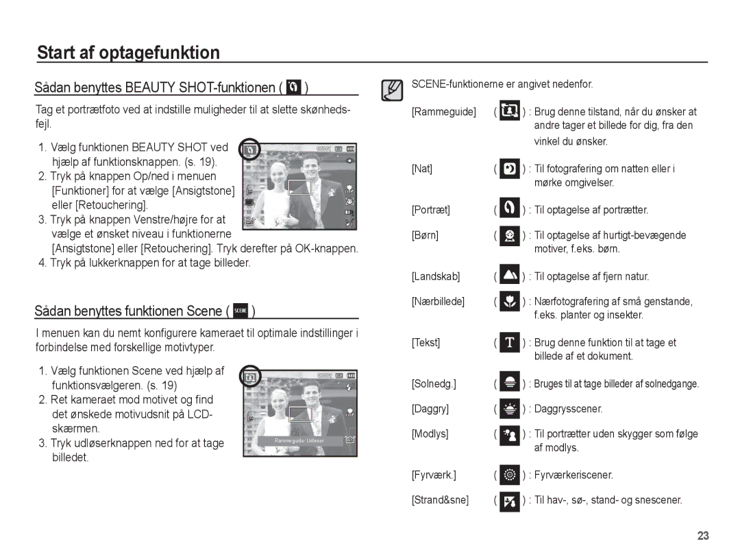 Samsung EC-PL65ZSBP/E2, EC-PL65ZABA/E1 manual Sådan benyttes Beauty SHOT-funktionen, Sådan benyttes funktionen Scene 