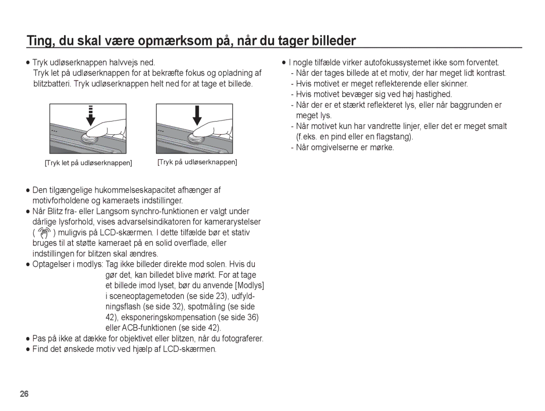 Samsung EC-PL65ZPBP/E2, EC-PL65ZABA/E1, EC-PL65ZBBP/E2 manual Ting, du skal være opmærksom på, når du tager billeder 