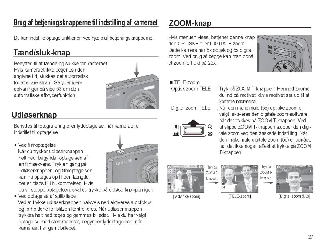 Samsung EC-PL65ZABP/E2, EC-PL65ZABA/E1, EC-PL65ZBBP/E2, EC-PL65ZPBP/E2 manual Tænd/sluk-knap, Udløserknap, ZOOM-knap, Knappen 