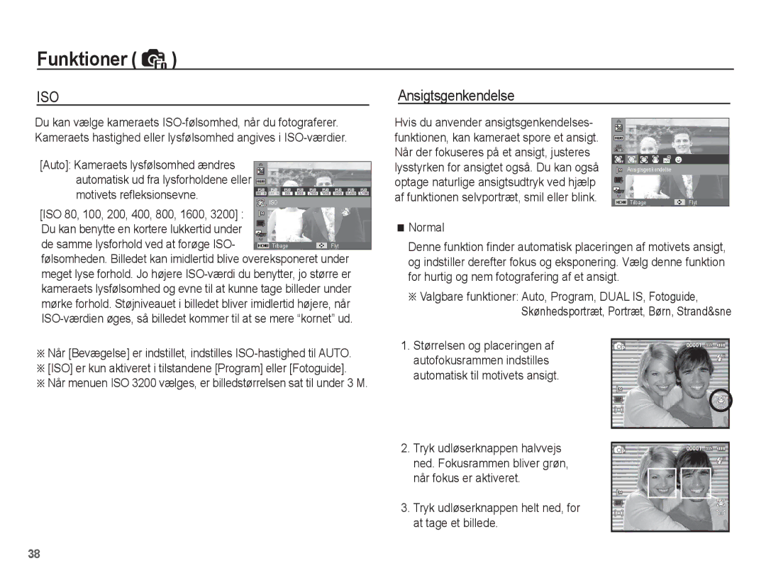 Samsung EC-PL65ZSBP/E2, EC-PL65ZABA/E1, EC-PL65ZBBP/E2, EC-PL65ZPBP/E2, EC-PL65ZABP/E2 manual Ansigtsgenkendelse 