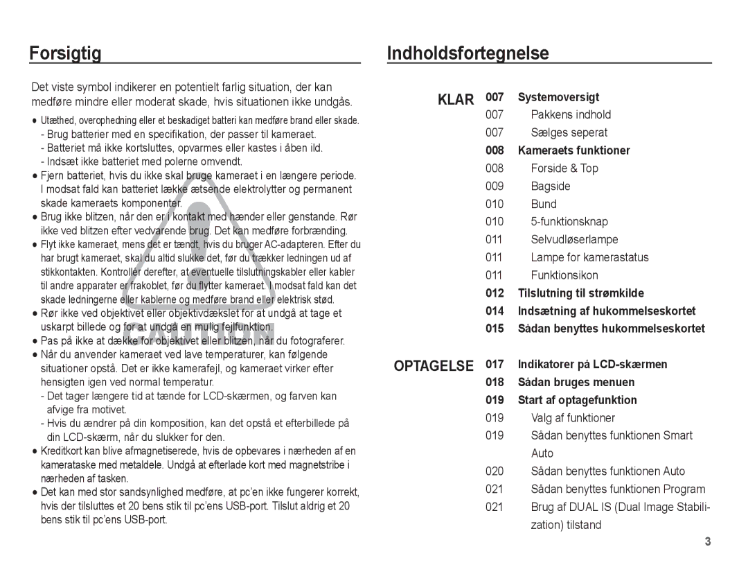 Samsung EC-PL65ZSBP/E2, EC-PL65ZABA/E1, EC-PL65ZBBP/E2 Forsigtig Indholdsfortegnelse, Pakkens indhold 007 Sælges seperat 