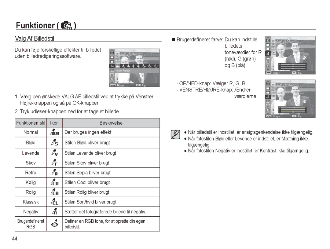 Samsung EC-PL65ZABA/E1, EC-PL65ZBBP/E2, EC-PL65ZPBP/E2, EC-PL65ZABP/E2 manual Valg Af Billedstil, OP/NED-knap Vælger R, G, B 