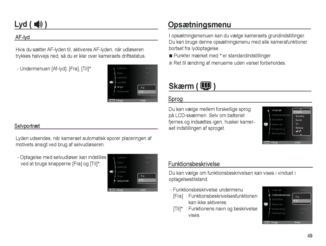 Samsung EC-PL65ZABA/E1, EC-PL65ZBBP/E2, EC-PL65ZPBP/E2, EC-PL65ZABP/E2 Opsætningsmenu, Skærm, Sprog, Funktionsbeskrivelse 