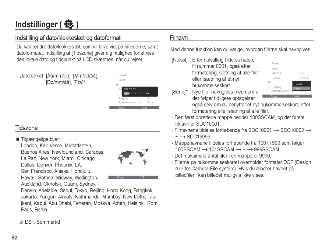 Samsung EC-PL65ZABP/E2, EC-PL65ZABA/E1, EC-PL65ZBBP/E2 manual Indstilling af dato/klokkeslæt og datoformat, Tidszone, Filnavn 