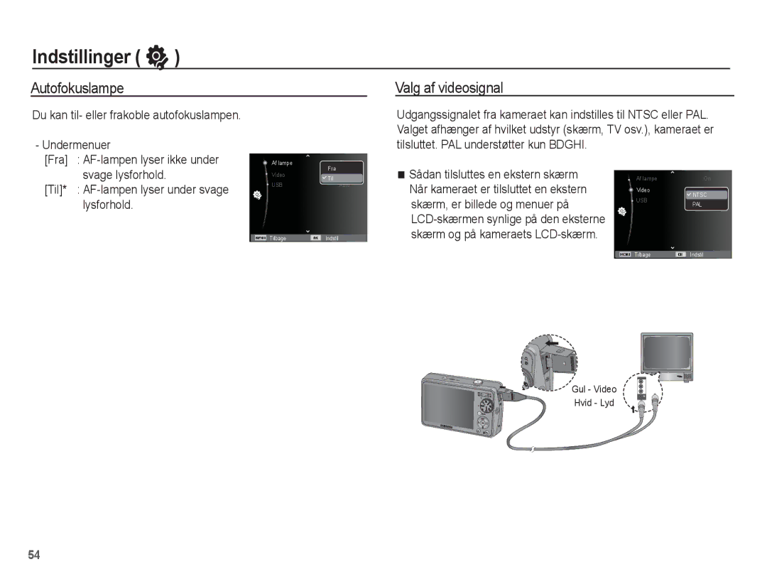 Samsung EC-PL65ZABA/E1 manual Autofokuslampe Valg af videosignal, Du kan til- eller frakoble autofokuslampen Undermenuer 