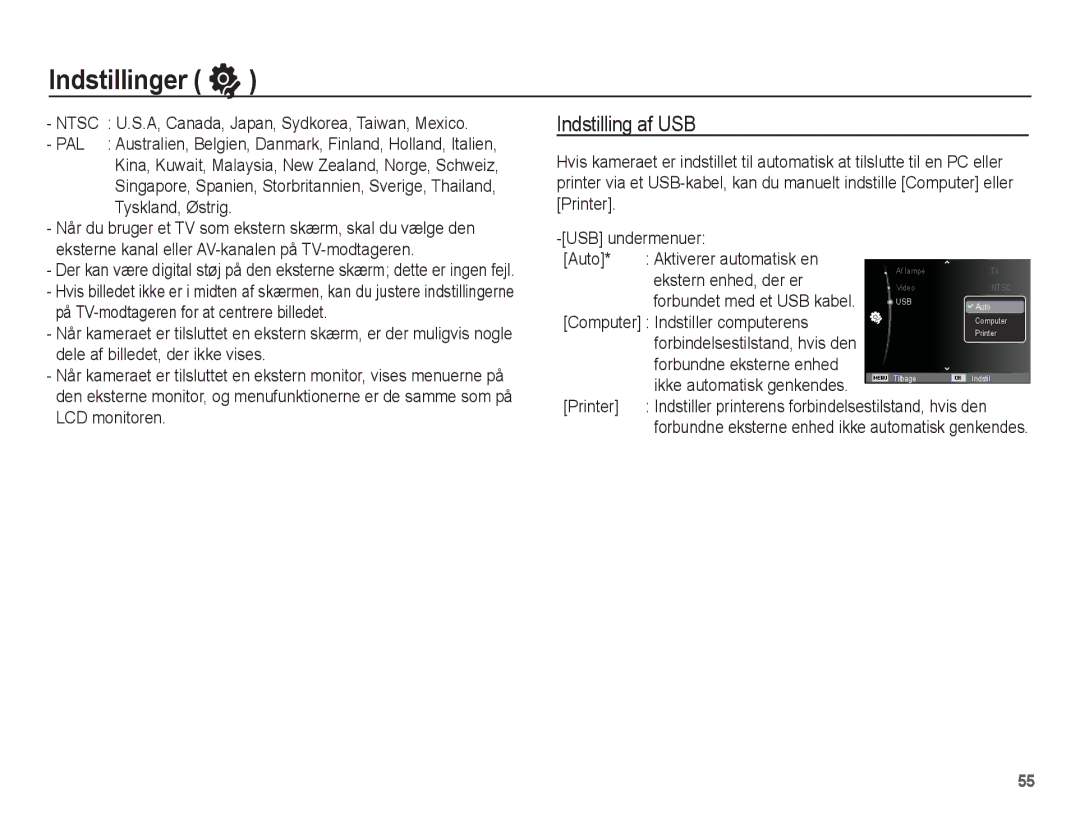 Samsung EC-PL65ZBBP/E2, EC-PL65ZABA/E1, EC-PL65ZPBP/E2, EC-PL65ZABP/E2, EC-PL65ZSBP/E2 manual Indstilling af USB 