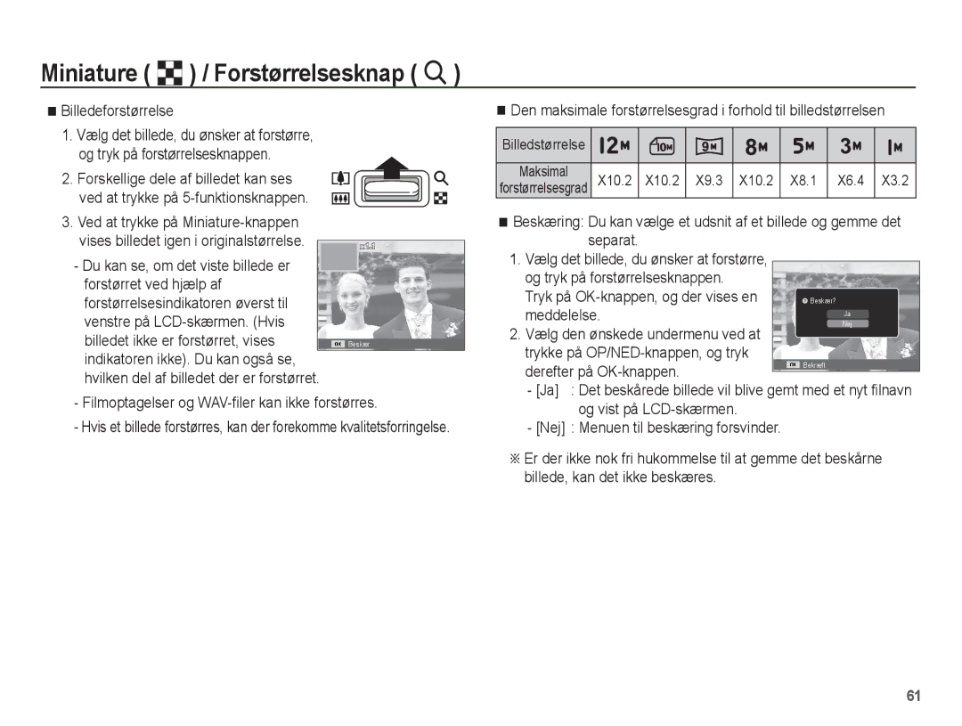 Samsung EC-PL65ZPBP/E2 manual Billedeforstørrelse, Ved at trykke på Miniature-knappen, Tryk på OK-knappen, og der vises en 