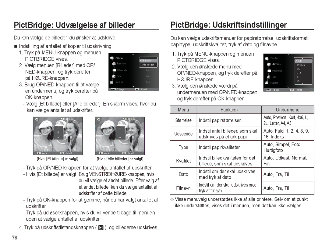 Samsung EC-PL65ZSBP/E2, EC-PL65ZABA/E1, EC-PL65ZBBP/E2 PictBridge Udvælgelse af billeder, PictBridge Udskriftsindstillinger 