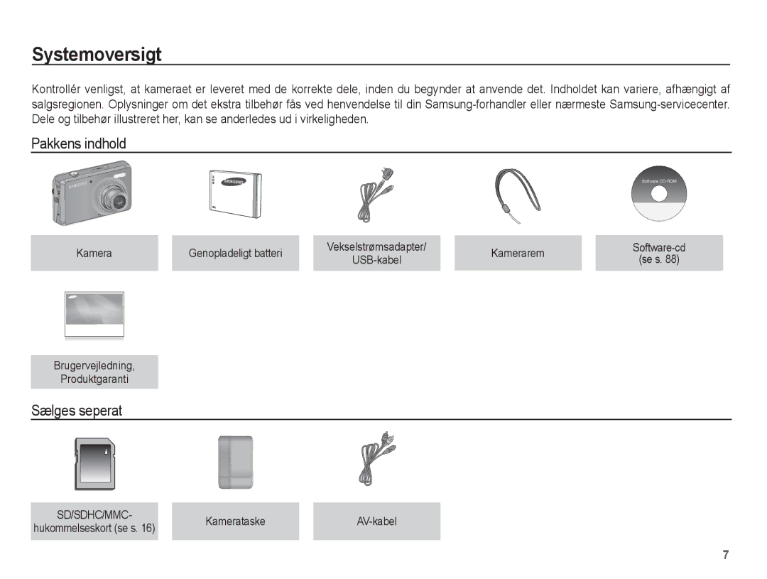 Samsung EC-PL65ZABP/E2, EC-PL65ZABA/E1, EC-PL65ZBBP/E2, EC-PL65ZPBP/E2 manual Systemoversigt, Pakkens indhold, Sælges seperat 