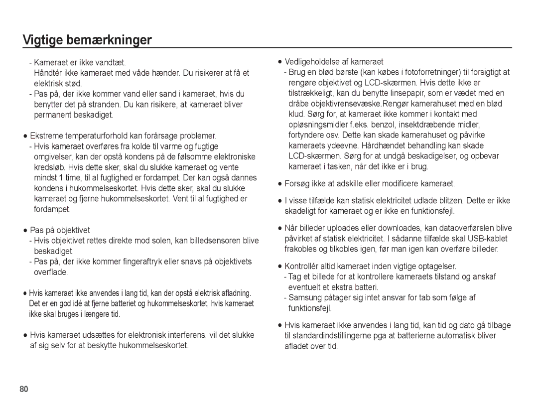 Samsung EC-PL65ZBBP/E2, EC-PL65ZABA/E1, EC-PL65ZPBP/E2, EC-PL65ZABP/E2 Forsøg ikke at adskille eller modificere kameraet 