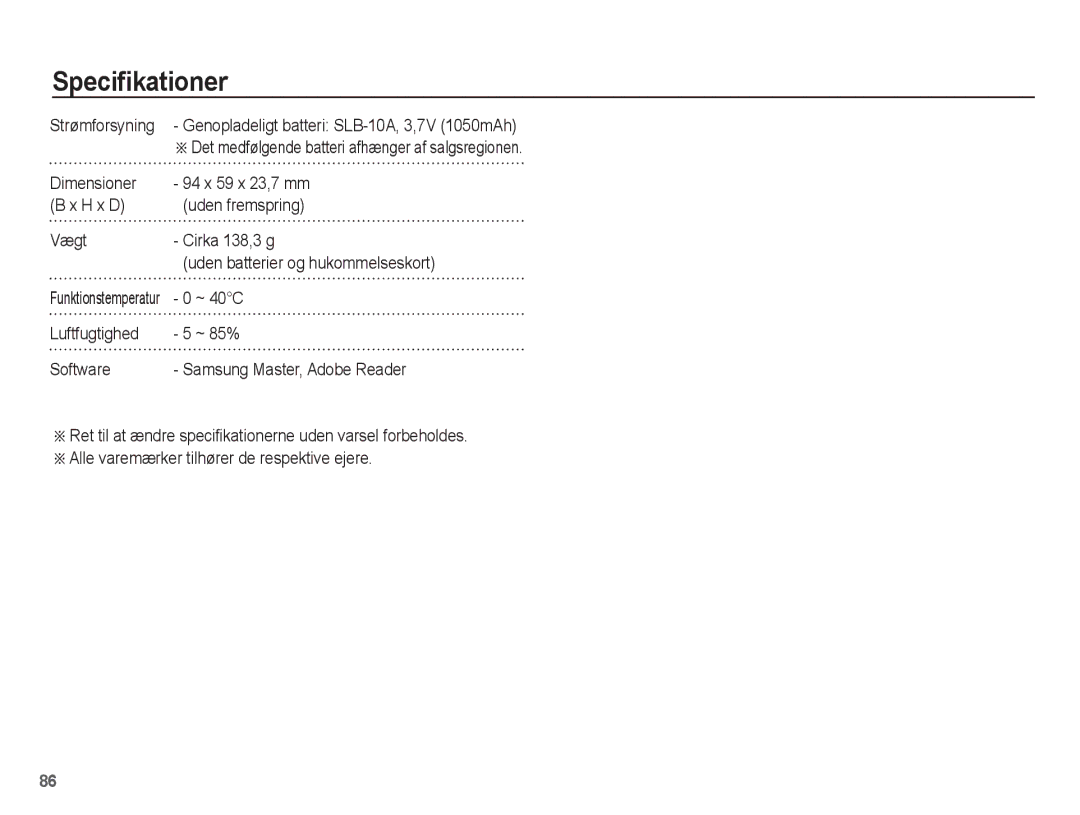 Samsung EC-PL65ZPBP/E2, EC-PL65ZABA/E1, EC-PL65ZBBP/E2, EC-PL65ZABP/E2, EC-PL65ZSBP/E2 manual ~ 40C, Strømforsyning 