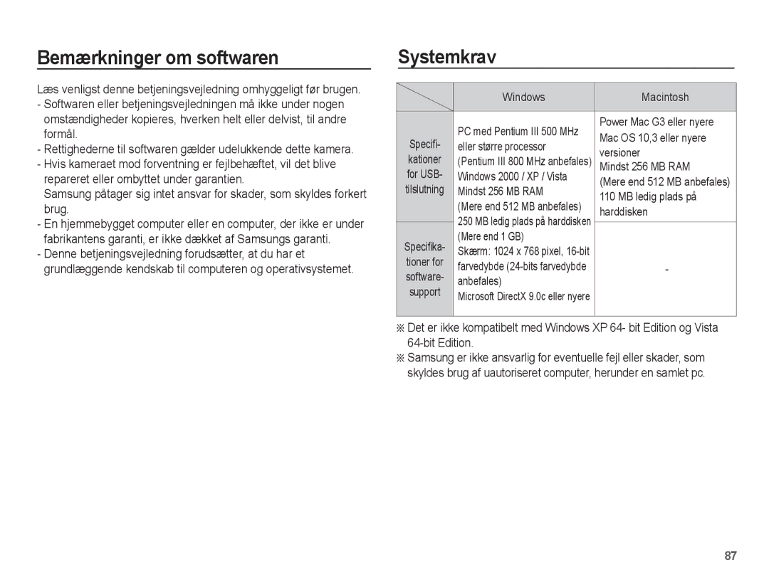 Samsung EC-PL65ZABP/E2, EC-PL65ZABA/E1, EC-PL65ZBBP/E2, EC-PL65ZPBP/E2, EC-PL65ZSBP/E2 Bemærkninger om softwaren, Systemkrav 