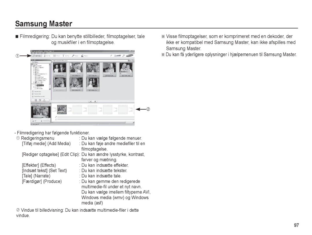 Samsung EC-PL65ZABP/E2, EC-PL65ZABA/E1 manual Og musikfiler i en filmoptagelse, Filmoptagelse, Farver og mætning, Media asf 