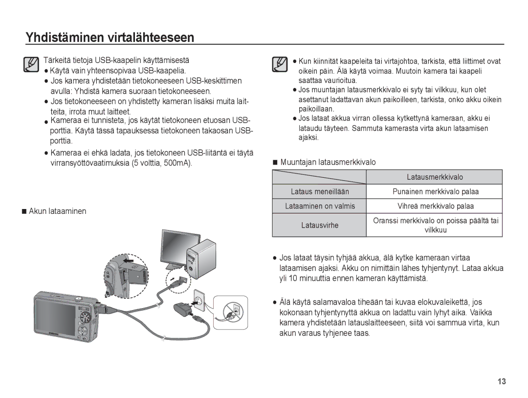 Samsung EC-PL65ZSBP/E2, EC-PL65ZABA/E1, EC-PL65ZBBP/E2 manual Akun lataaminen, Muuntajan latausmerkkivalo, Latausmerkkivalo 