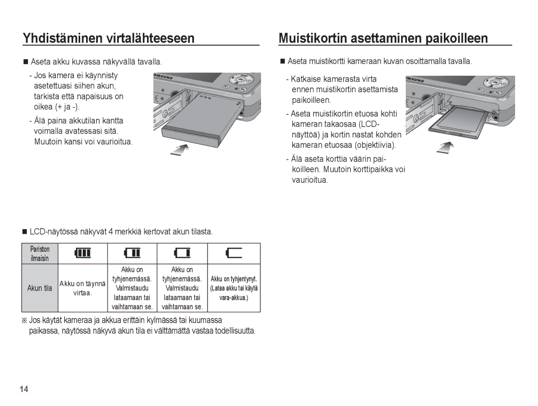 Samsung EC-PL65ZABA/E1 manual Muistikortin asettaminen paikoilleen, Aseta akku kuvassa näkyvällä tavalla, Akun tila 