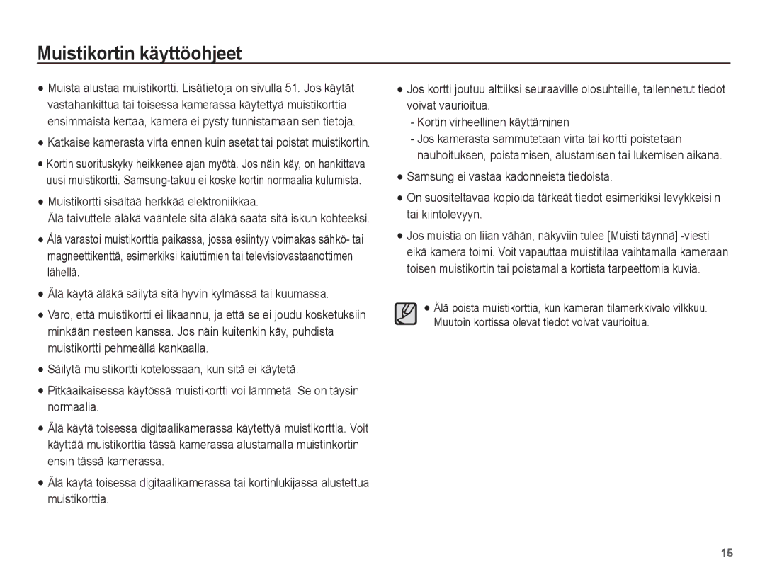 Samsung EC-PL65ZBBP/E2, EC-PL65ZABA/E1 manual Muistikortin käyttöohjeet, Muistikortti sisältää herkkää elektroniikkaa 