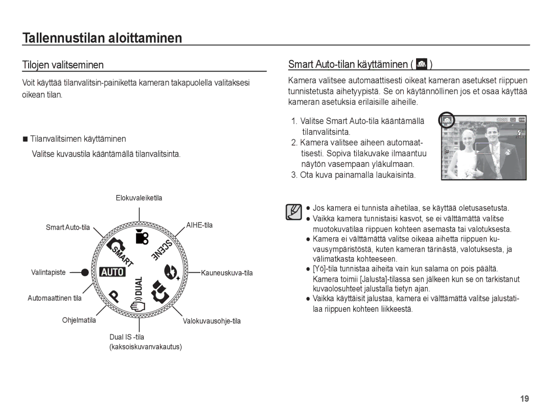 Samsung EC-PL65ZABA/E1, EC-PL65ZBBP/E2 Tallennustilan aloittaminen, Tilojen valitseminen, Smart Auto-tilan käyttäminen 