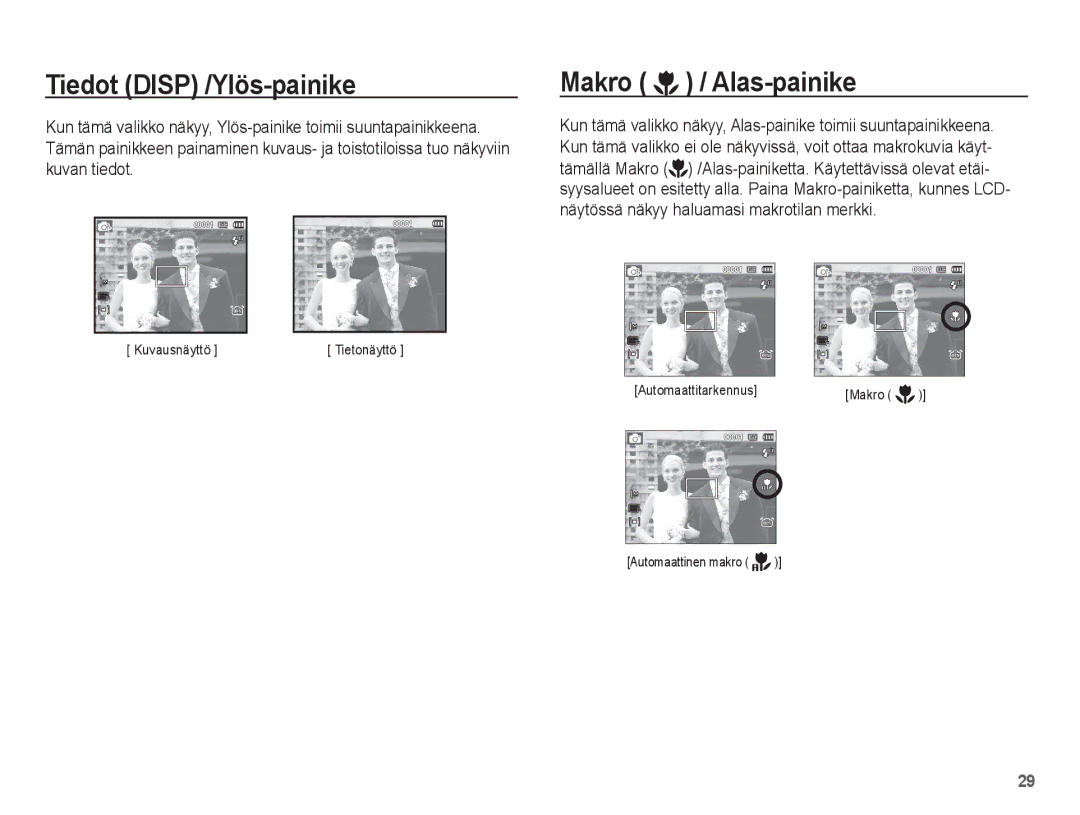 Samsung EC-PL65ZABA/E1, EC-PL65ZBBP/E2, EC-PL65ZPBP/E2, EC-PL65ZABP/E2 manual Tiedot Disp /Ylös-painike, Makro / Alas-painike 