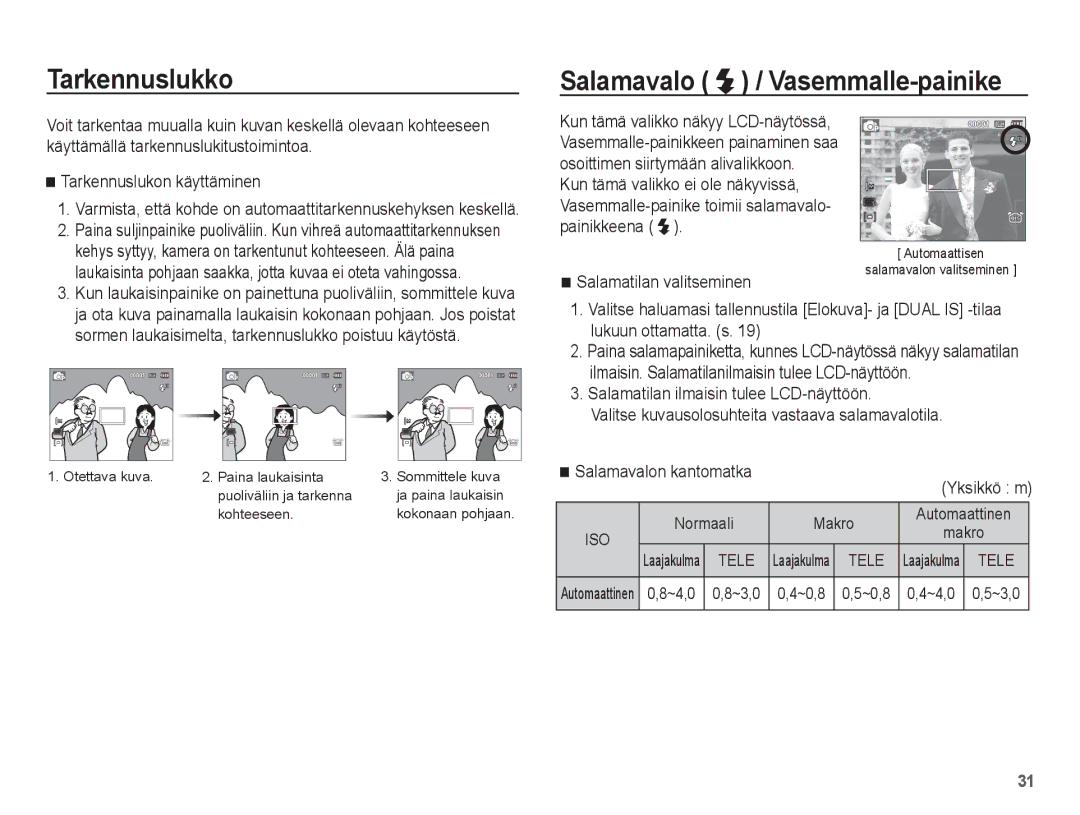 Samsung EC-PL65ZPBP/E2, EC-PL65ZABA/E1 manual Tarkennuslukko, Salamavalo / Vasemmalle-painike, Salamatilan valitseminen 