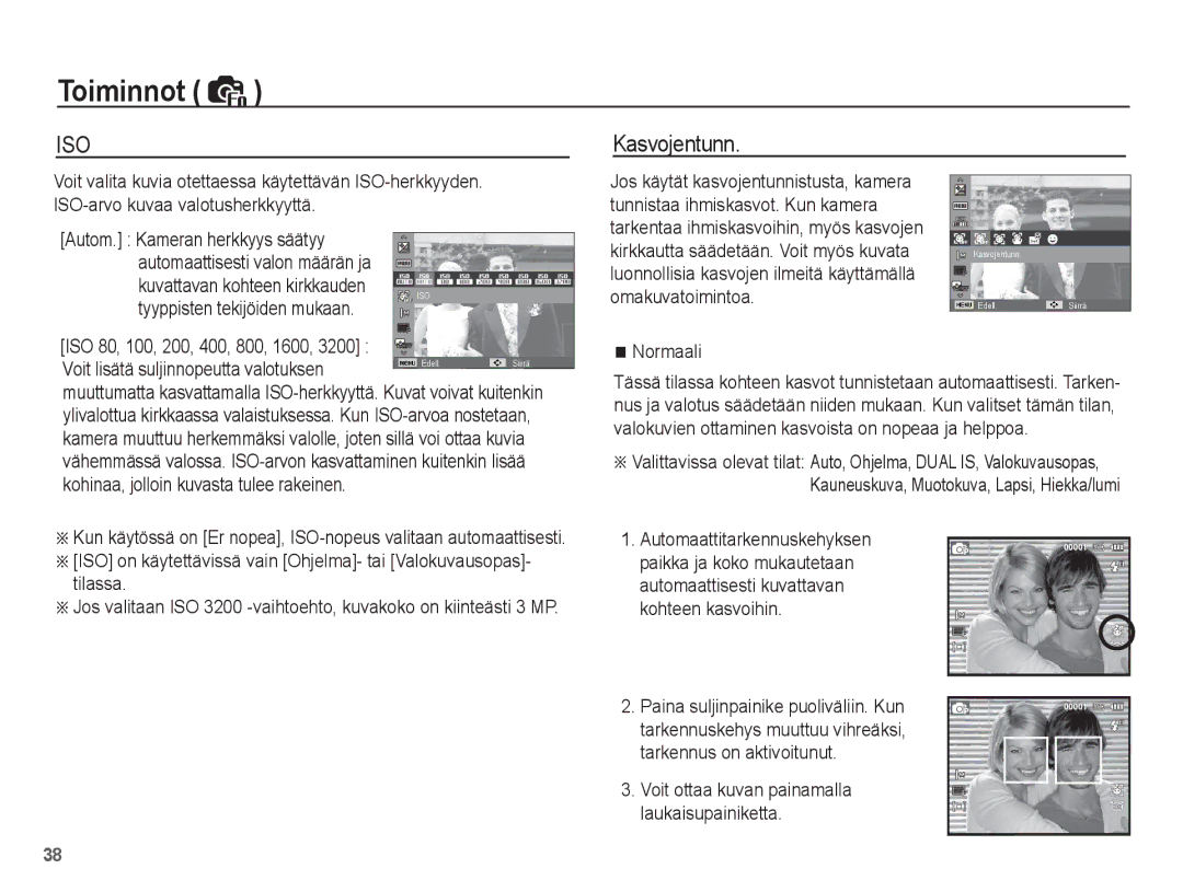 Samsung EC-PL65ZSBP/E2, EC-PL65ZABA/E1, EC-PL65ZBBP/E2, EC-PL65ZPBP/E2, EC-PL65ZABP/E2 manual Kasvojentunn 