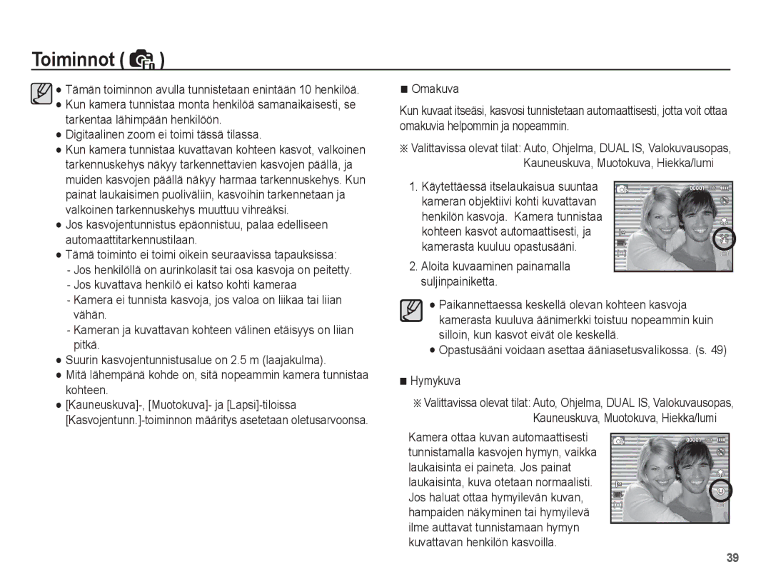 Samsung EC-PL65ZABA/E1, EC-PL65ZBBP/E2, EC-PL65ZPBP/E2 manual Aloita kuvaaminen painamalla suljinpainiketta, Hymykuva 