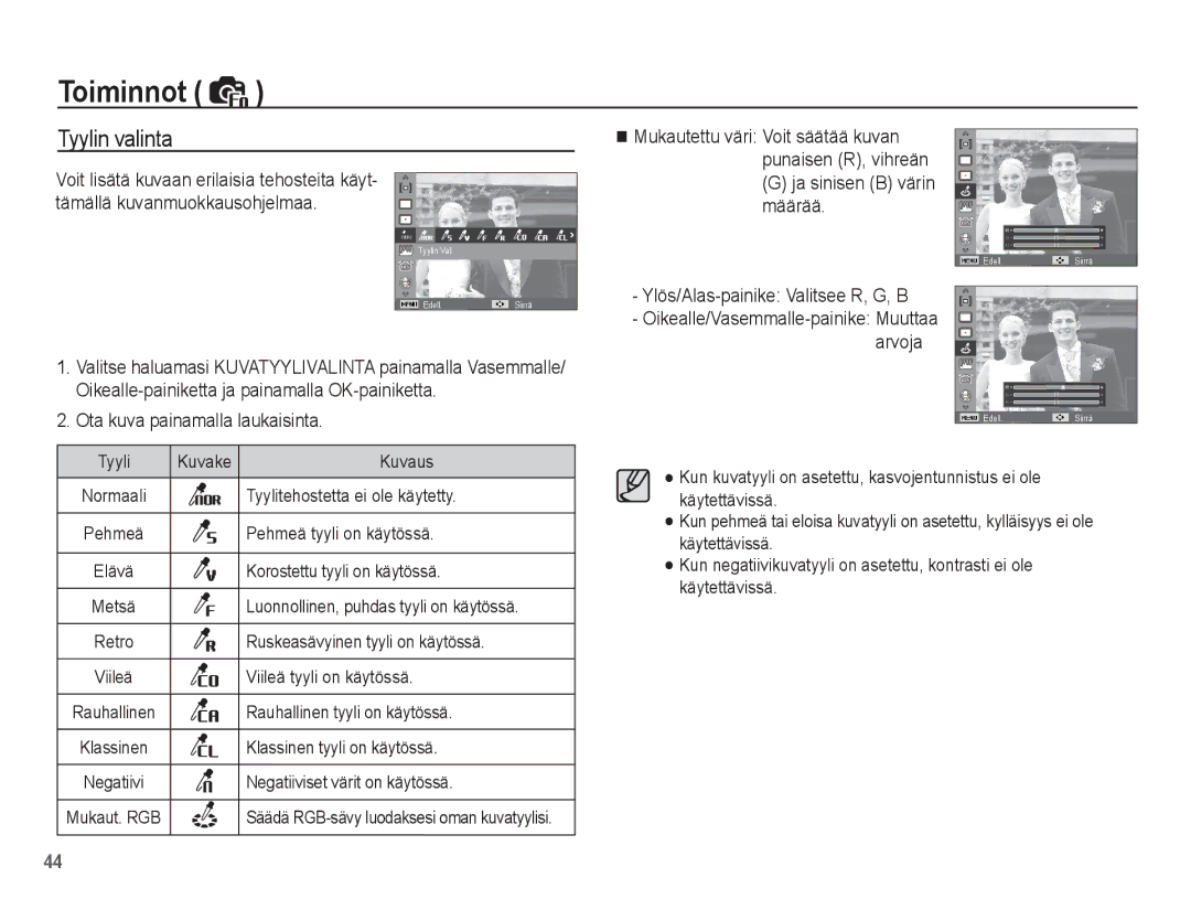 Samsung EC-PL65ZABA/E1, EC-PL65ZBBP/E2, EC-PL65ZPBP/E2, EC-PL65ZABP/E2, EC-PL65ZSBP/E2 manual Tyylin valinta 