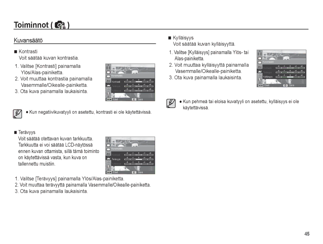 Samsung EC-PL65ZBBP/E2, EC-PL65ZABA/E1 manual Kuvansäätö, Valitse Kylläisyys painamalla Ylös- tai Alas-painiketta, Terävyys 