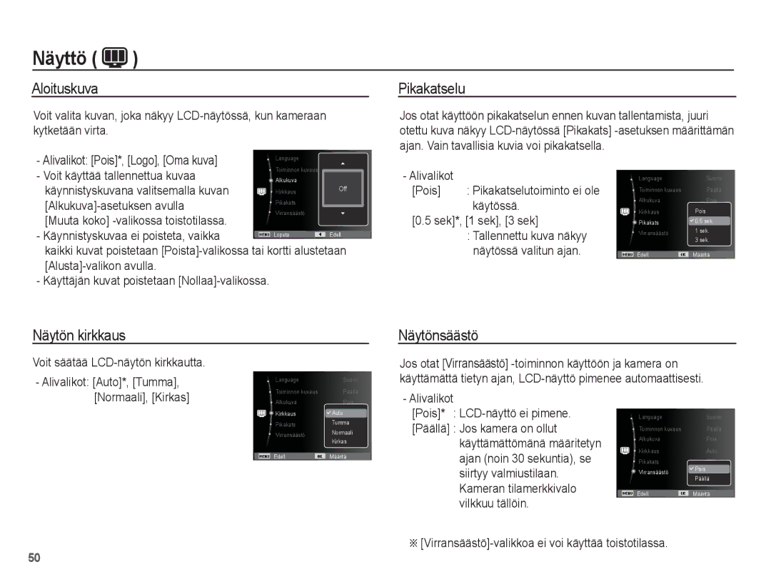 Samsung EC-PL65ZBBP/E2, EC-PL65ZABA/E1, EC-PL65ZPBP/E2 manual Aloituskuva, Pikakatselu, Näytön kirkkaus, Näytönsäästö 