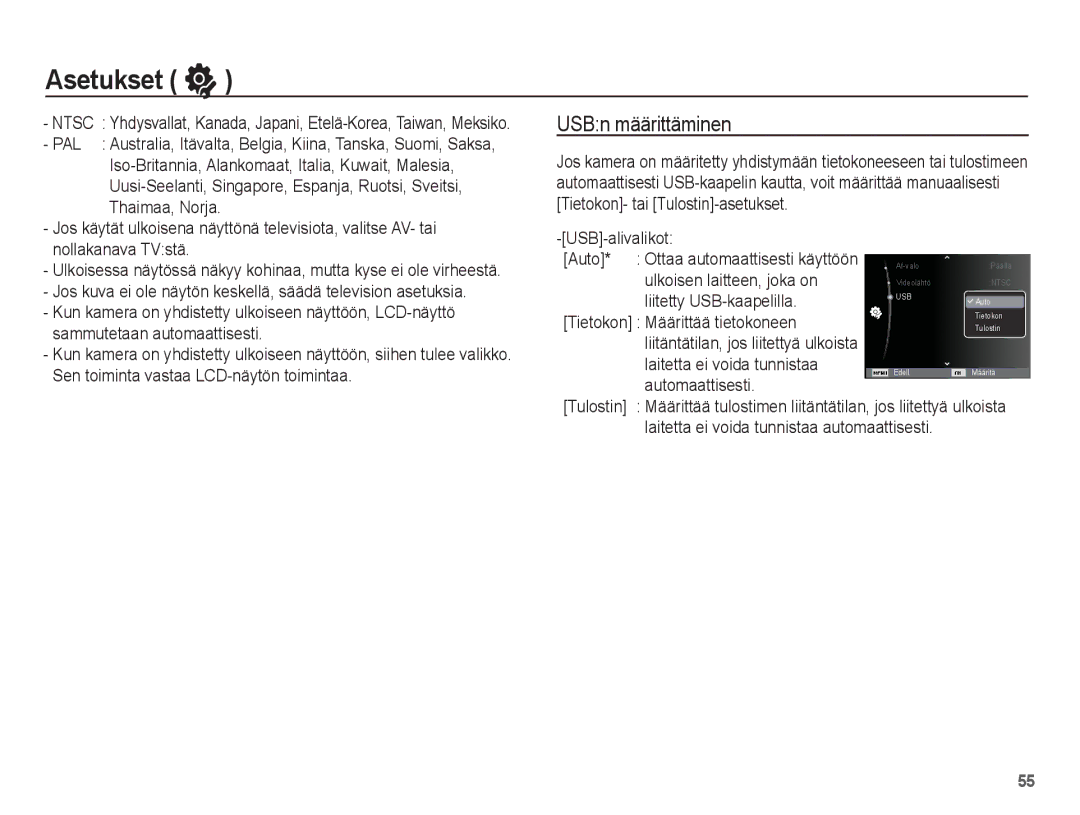 Samsung EC-PL65ZBBP/E2, EC-PL65ZABA/E1, EC-PL65ZPBP/E2, EC-PL65ZABP/E2, EC-PL65ZSBP/E2 manual USBn määrittäminen 