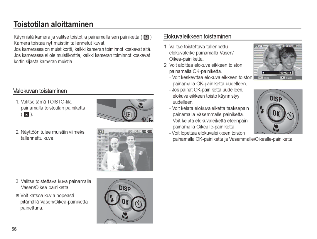 Samsung EC-PL65ZPBP/E2, EC-PL65ZABA/E1 manual Toistotilan aloittaminen, Valokuvan toistaminen, Elokuvaleikkeen toistaminen 