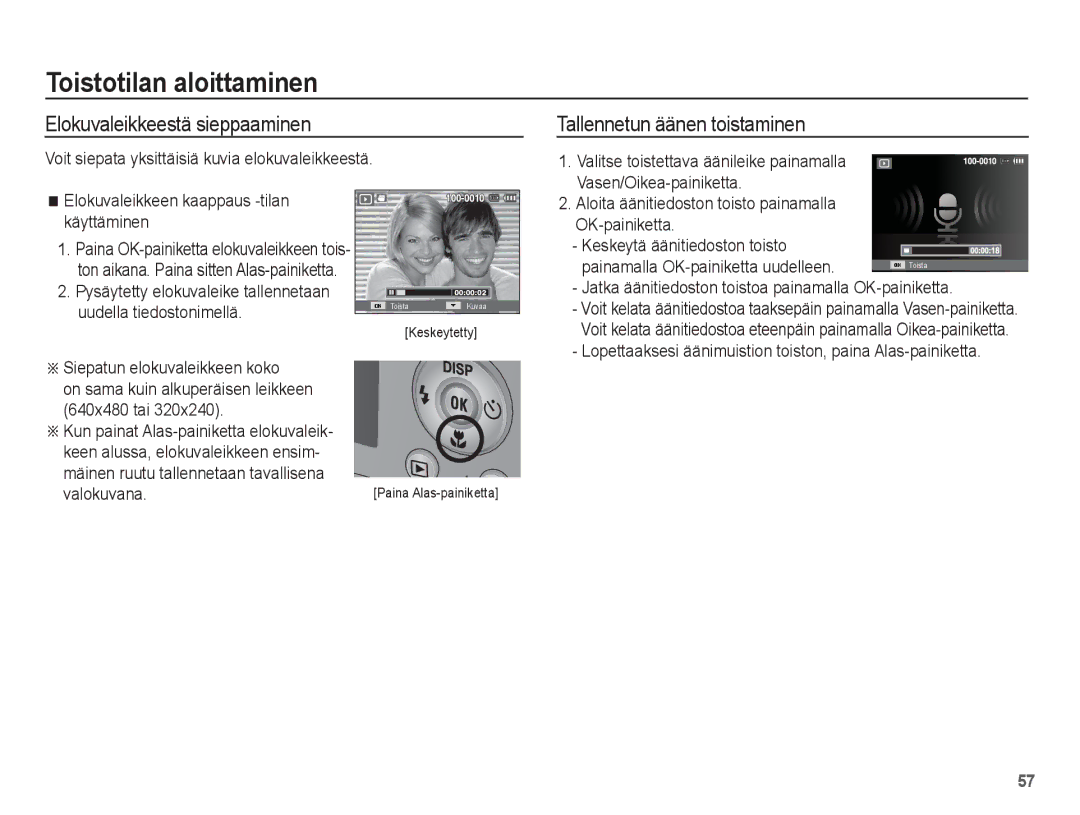 Samsung EC-PL65ZABP/E2, EC-PL65ZABA/E1, EC-PL65ZBBP/E2 manual Elokuvaleikkeestä sieppaaminen, Tallennetun äänen toistaminen 