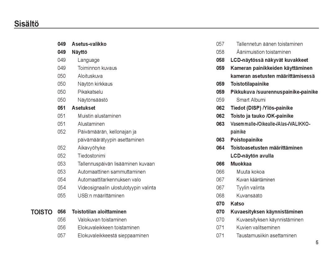 Samsung EC-PL65ZBBP/E2 manual Tallennetun äänen toistaminen, 058 Äänimuistion toistaminen 049 Language, Toiminnon kuvaus 